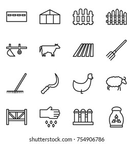 thin line icon set : bunker, greenhouse, fence, plow, cow, field, fork, rake, sickle, chicken, sheep, farm, sow, grain elevator, fertilizer