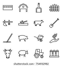 thin line icon set : bunker, barn, scoop, fence, plow, soil cutter, cow, shovel, rake, pig, wheelbarrow, harvest, sheep, tractor, grain elevator
