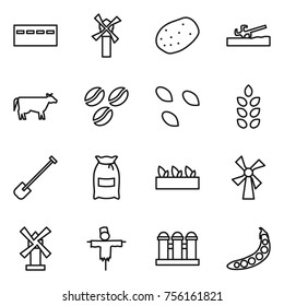 Thin line icon set : bunker, windmill, potato, soil cutter, cow, coffee seeds, spikelets, shovel, flour, seedling, scarecrow, grain elevator, peas
