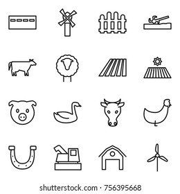 Thin line icon set : bunker, windmill, fence, soil cutter, cow, sheep, field, pig, goose, chicken, horseshoe, harvester, barn