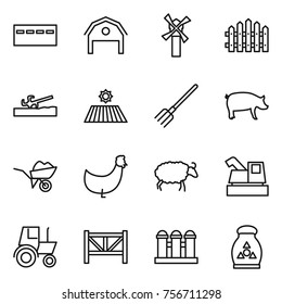 thin line icon set : bunker, barn, windmill, fence, soil cutter, field, fork, pig, wheelbarrow, chicken, sheep, harvester, tractor, farm, grain elevator, fertilizer