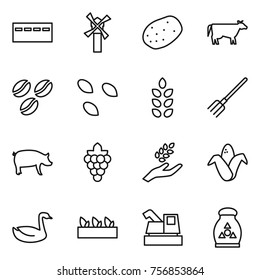 Thin line icon set : bunker, windmill, potato, cow, coffee seeds, spikelets, fork, pig, grape, harvest, corn, goose, seedling, harvester, fertilizer