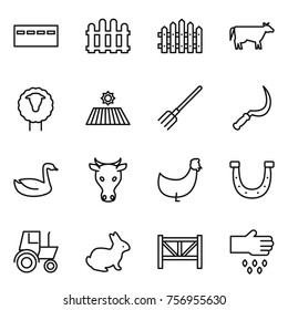 Thin line icon set : bunker, fence, cow, sheep, field, fork, sickle, goose, chicken, horseshoe, tractor, rabbit, farm, sow