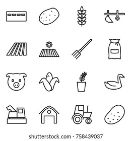 Thin line icon set : bunker, potato, spikelets, plow, field, fork, flour, pig, corn, seedling, goose, harvester, barn, tractor