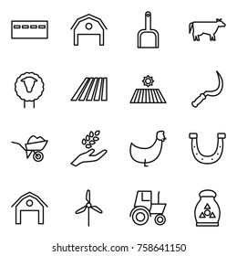 Thin line icon set : bunker, barn, scoop, cow, sheep, field, sickle, wheelbarrow, harvest, chicken, horseshoe, windmill, tractor, fertilizer