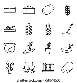 Thin line icon set : bunker, greenhouse, potato, spikelets, soil cutter, rake, pig, harvest, seedling, goose, windmill, tractor, grain elevator