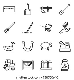 Thin line icon set : bunker, scoop, plow, shovel, fork, rake, wheelbarrow, harvest, goose, horseshoe, sheep, harvester, tractor, farm fence, grain elevator, fertilizer