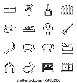 Thin line icon set : bunker, windmill, scoop, fence, plow, soil cutter, sheep, fork, sickle, pig, harvester, barn, rabbit, farm, grain elevator