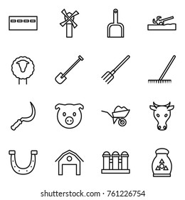 Thin line icon set : bunker, windmill, scoop, soil cutter, sheep, shovel, fork, rake, sickle, pig, wheelbarrow, cow, horseshoe, barn, grain elevator, fertilizer