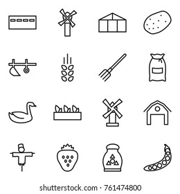 Thin line icon set : bunker, windmill, greenhouse, potato, plow, spikelets, fork, flour, goose, seedling, barn, scarecrow, strawberry, fertilizer, peas
