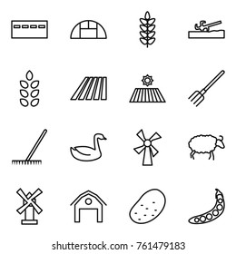 Thin line icon set : bunker, greenhouse, spikelets, soil cutter, field, fork, rake, goose, windmill, sheep, barn, potato, peas