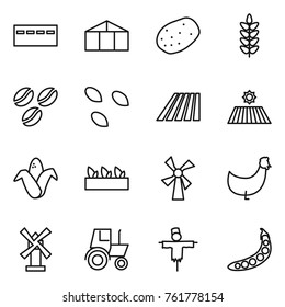 Thin line icon set : bunker, greenhouse, potato, spikelets, coffee seeds, field, corn, seedling, windmill, chicken, tractor, scarecrow, peas