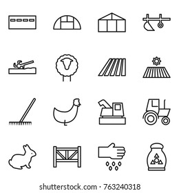 Thin line icon set : bunker, greenhouse, plow, soil cutter, sheep, field, rake, chicken, harvester, tractor, rabbit, farm fence, sow, fertilizer