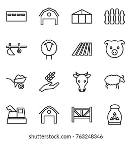 Thin line icon set : bunker, barn, greenhouse, fence, plow, sheep, field, pig, wheelbarrow, harvest, cow, harvester, farm, fertilizer