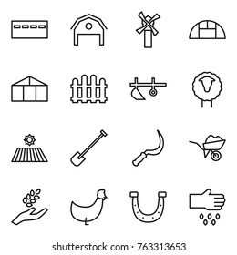 Thin line icon set : bunker, barn, windmill, greenhouse, fence, plow, sheep, field, shovel, sickle, wheelbarrow, harvest, chicken, horseshoe, sow
