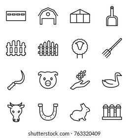 Thin line icon set : bunker, barn, greenhouse, scoop, fence, sheep, fork, sickle, pig, harvest, goose, cow, horseshoe, rabbit, grain elevator