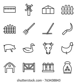 Thin line icon set : bunker, windmill, greenhouse, fence, fork, rake, sickle, pig, goose, cow, chicken, barn, farm, grain elevator, fertilizer