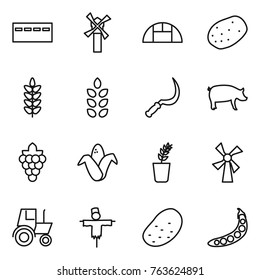 Thin line icon set : bunker, windmill, greenhouse, potato, spikelets, sickle, pig, grape, corn, seedling, tractor, scarecrow, peas