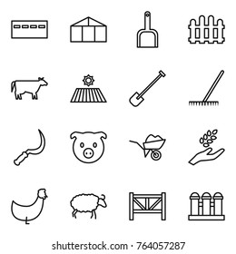 Thin line icon set : bunker, greenhouse, scoop, fence, cow, field, shovel, rake, sickle, pig, wheelbarrow, harvest, chicken, sheep, farm, grain elevator
