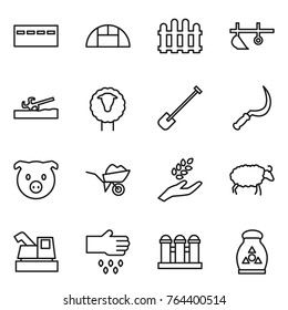 Thin line icon set : bunker, greenhouse, fence, plow, soil cutter, sheep, shovel, sickle, pig, wheelbarrow, harvest, harvester, sow, grain elevator, fertilizer