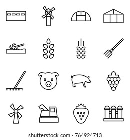 Thin line icon set : bunker, windmill, greenhouse, soil cutter, spikelets, fork, rake, pig, grape, harvester, strawberry, grain elevator