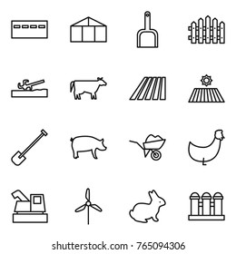 Thin line icon set : bunker, greenhouse, scoop, fence, soil cutter, cow, field, shovel, pig, wheelbarrow, chicken, harvester, windmill, rabbit, grain elevator