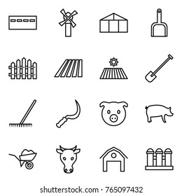 Thin line icon set : bunker, windmill, greenhouse, scoop, fence, field, shovel, rake, sickle, pig, wheelbarrow, cow, barn, grain elevator