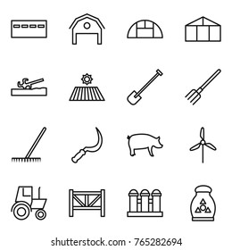 Thin line icon set : bunker, barn, greenhouse, soil cutter, field, shovel, fork, rake, sickle, pig, windmill, tractor, farm fence, grain elevator, fertilizer