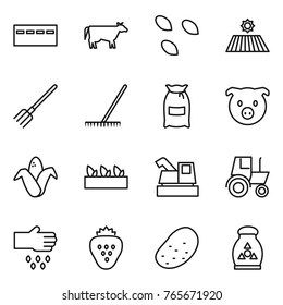 Thin line icon set : bunker, cow, seeds, field, fork, rake, flour, pig, corn, seedling, harvester, tractor, sow, strawberry, potato, fertilizer