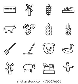 Thin line icon set : bunker, windmill, spikelets, soil cutter, cow, coffee seeds, fork, rake, pig, goose, sheep, harvester, scarecrow