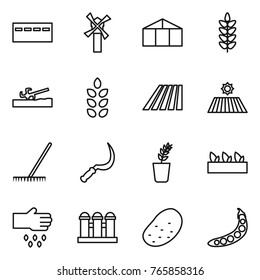 Thin line icon set : bunker, windmill, greenhouse, spikelets, soil cutter, field, rake, sickle, seedling, sow, grain elevator, potato, peas
