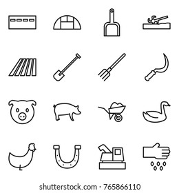 Thin line icon set : bunker, greenhouse, scoop, soil cutter, field, shovel, fork, sickle, pig, wheelbarrow, goose, chicken, horseshoe, harvester, sow