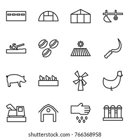 Thin line icon set : bunker, greenhouse, plow, soil cutter, coffee seeds, field, sickle, pig, seedling, windmill, chicken, harvester, barn, sow, grain elevator