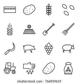 Thin line icon set : bunker, potato, spikelets, seeds, field, shovel, fork, sickle, pig, grape, sheep, tractor, sow, fertilizer