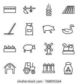 Thin line icon set : bunker, plow, spikelets, field, rake, flour, pig, goose, seedling, sheep, windmill, harvester, barn, tractor, grain elevator, fertilizer