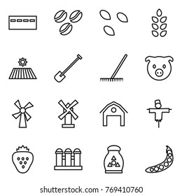 Thin line icon set : bunker, coffee seeds, spikelets, field, shovel, rake, pig, windmill, barn, scarecrow, strawberry, grain elevator, fertilizer, peas