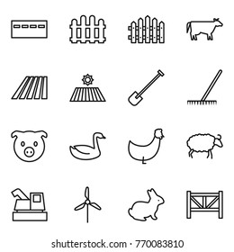 Thin line icon set : bunker, fence, cow, field, shovel, rake, pig, goose, chicken, sheep, harvester, windmill, rabbit, farm