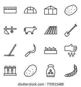 Thin line icon set : bunker, greenhouse, potato, plow, cow, field, shovel, rake, sickle, seedling, sow, grain elevator, fertilizer, peas