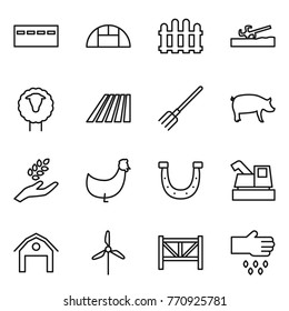 Thin line icon set : bunker, greenhouse, fence, soil cutter, sheep, field, fork, pig, harvest, chicken, horseshoe, harvester, barn, windmill, farm, sow