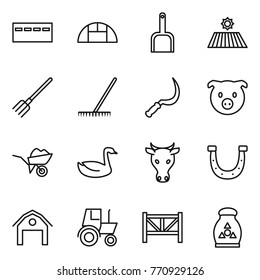 Thin line icon set : bunker, greenhouse, scoop, field, fork, rake, sickle, pig, wheelbarrow, goose, cow, horseshoe, barn, tractor, farm fence, fertilizer