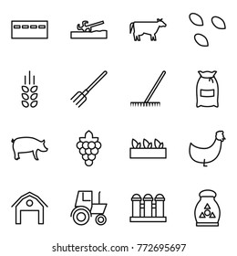 Thin line icon set : bunker, soil cutter, cow, seeds, spikelets, fork, rake, flour, pig, grape, seedling, chicken, barn, tractor, grain elevator, fertilizer