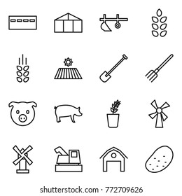Thin line icon set : bunker, greenhouse, plow, spikelets, field, shovel, fork, pig, seedling, windmill, harvester, barn, potato