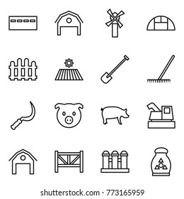 Thin line icon set : bunker, barn, windmill, greenhouse, fence, field, shovel, rake, sickle, pig, harvester, farm, grain elevator, fertilizer