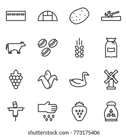 Thin line icon set : bunker, greenhouse, potato, soil cutter, cow, coffee seeds, spikelets, flour, grape, corn, goose, windmill, scarecrow, sow, strawberry, fertilizer