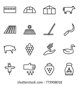 Thin line icon set : bunker, greenhouse, cow, field, rake, sickle, pig, grape, harvest, goose, scarecrow, sow, strawberry, fertilizer