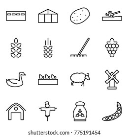 Thin line icon set : bunker, greenhouse, potato, soil cutter, spikelets, rake, grape, goose, seedling, sheep, windmill, barn, scarecrow, fertilizer, peas
