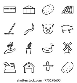 Thin line icon set : bunker, greenhouse, potato, field, rake, sickle, pig, harvest, seedling, goose, windmill, harvester, barn, scarecrow