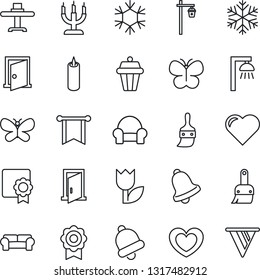 Thin Line Icon Set - butterfly vector, garden light, heart, tulip, themes, bell, sertificate, cushioned furniture, restaurant table, candle, snowflake, outdoor lamp, door, pennon