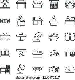 Thin Line Icon Set - cafe vector, baby room, reception, flight table, desk, meeting, manager place, picnic, lamp, restaurant, serviette, salt and pepper