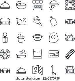 Thin Line Icon Set - cafe vector, coffee, waiter, dish, wine card, drink, salad, bacon, table, open close, alcove, credit, chicken, ham, hamburger, ladle, bowl, cutting board, omelette, storefront